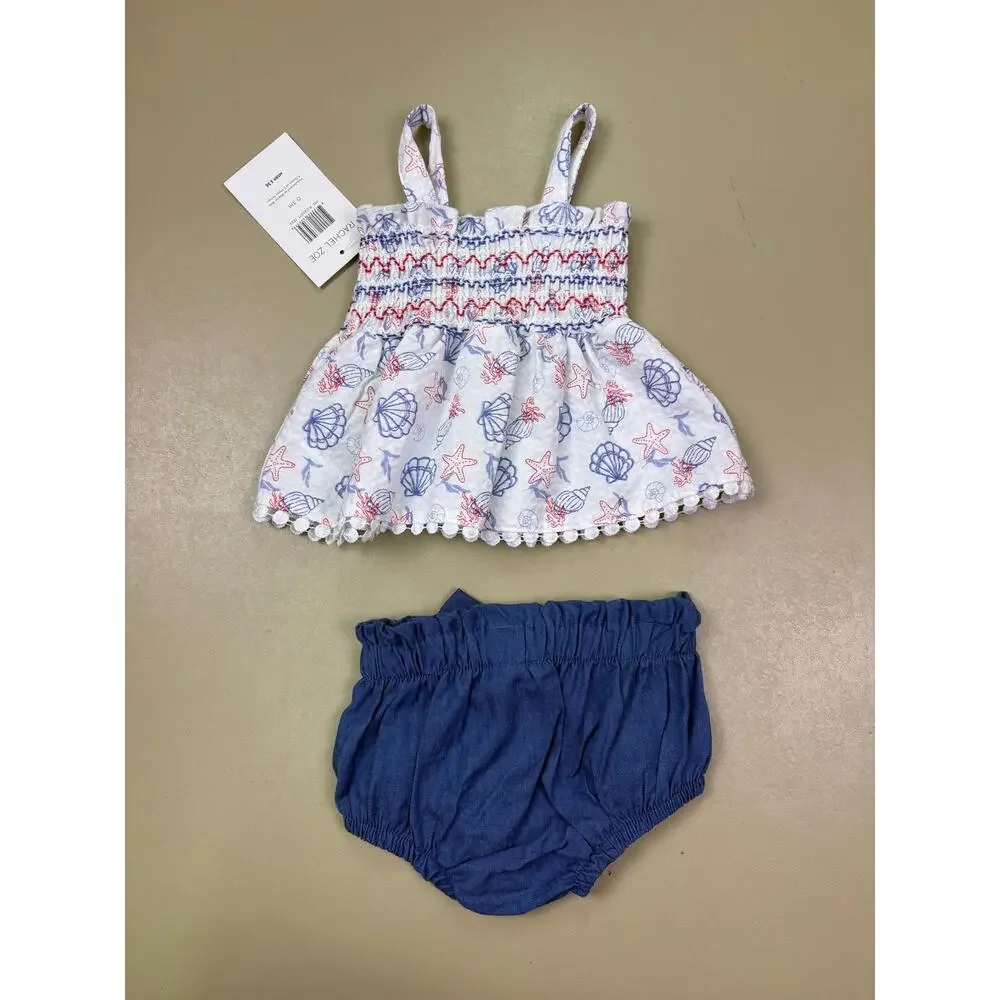 Rachel Zoe Baby Girls 4 Piece Outfit Set 0-3M Nautical Seashell Denim NWT